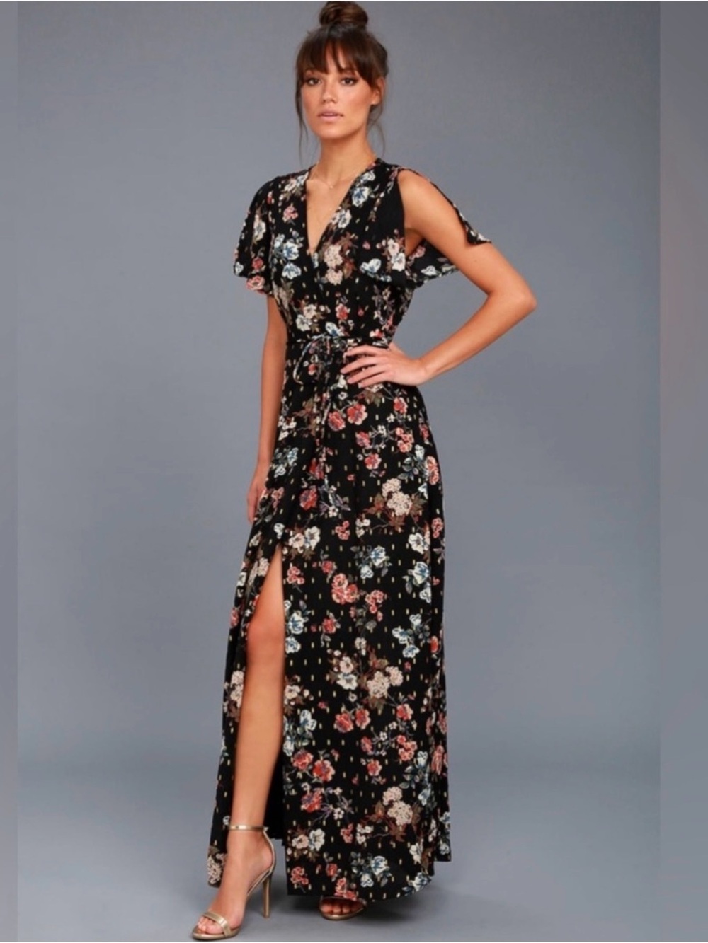 Lulu's Divine Days Black Floral Wrap Maxi Dress